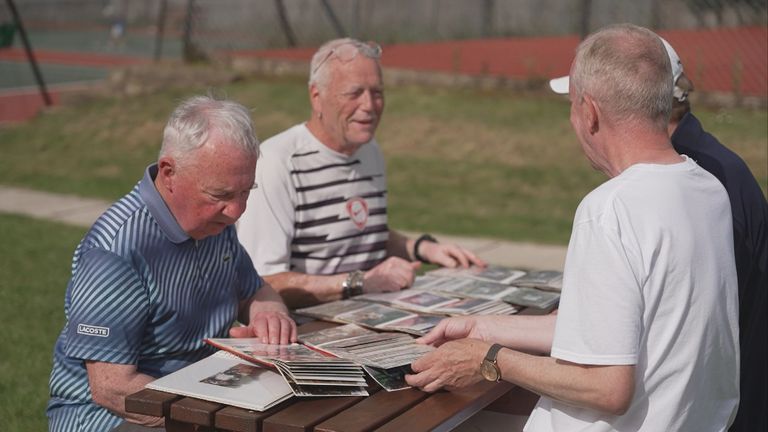 Ricky & Jim (left) looking through old photo albums from the group’s early days with Leigh & Tony (right)