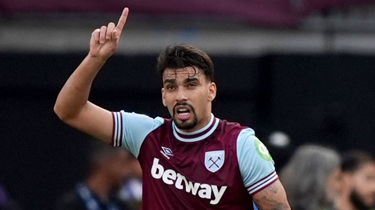 Lucas Paqueta celebrates after scoring West Ham's equaliser from the penalty spot