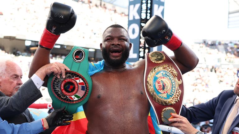 Martin Bakole (Tartan shorts) defeats Jared Anderson (white and blue shorts) to win the NABF WBO International Heavyweight Title Contest at BMO Stadium on August 3, 2024 in Los Angeles, California. (Photo by Mark Robinson/Matchroom Boxing/Getty Images)