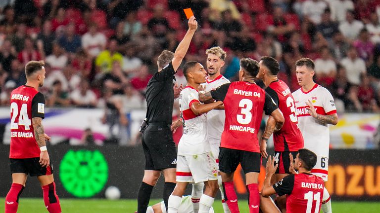 Martin Terrier is sent off for Bayer Leverkusen.