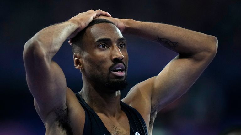 Matthew Hudson-Smith, of Britain, reacts after competing in the men's 400-meter final at the 2024 Summer Olympics, Wednesday, Aug. 7, 2024, in Saint-Denis, France. (AP Photo/Petr David Josek)