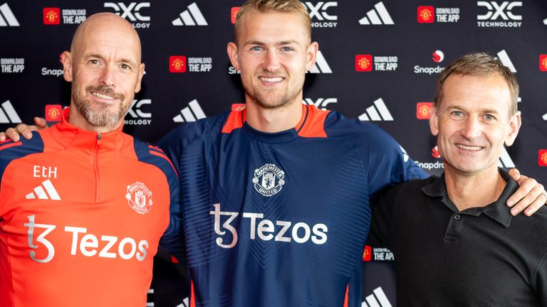 Erik ten Hag and Man Utd sporting director Dan Ashworth welcome Matthijs de Ligt to Old Trafford