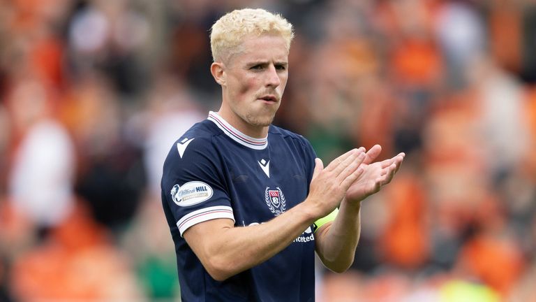 DUNDEE, SCOTLAND - AUGUST 04: Dundee's Luke McCowan at full time during a William Hill Premiership match between Dundee United and Dundee at the CalForth Construction Arena at Tannadice, on August 04, 2024, in Dundee, Scotland. (Photo by Ross Parker / SNS Group)