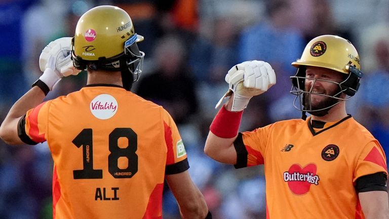 Birmingham Phoenix's Ben Duckett and Moeen Ali celebrate victory following The Hundred men's match at Edgbaston, Birmingham. Picture date: Tuesday August 6, 2024.