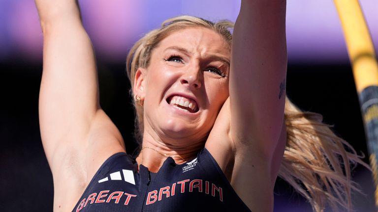 Molly Caudery, of Britain, competes during the women's pole vault qualification at the 2024 Summer Olympics, Monday, Aug. 5, 2024, in Saint-Denis, France. (AP Photo/Matthias Schrader)