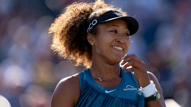 Naomi Osaka of Japan reacts during her first round match of the National Bank Open, part of the WTA Tour, at Sobeys Stadium on August 7, 2024 in Toronto, Canada. (Photo by Julian Avram/Icon Sportswire) (Icon Sportswire via AP Images)