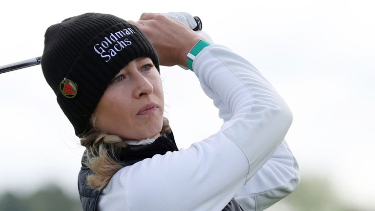 United States' Nelly Korda plays her tee shot on the 4th during the third round of the Women's British Open golf championship, in St Andrews, Scotland Saturday, Aug. 24, 2024. (AP Photo/Scott Heppell)