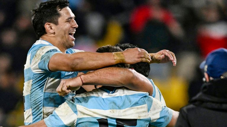 Argentina celebrate their win over New Zealand in The Rugby Championship (Associated Press)