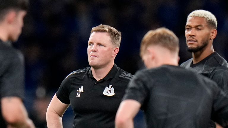 Newcastle's head coach Eddie Howe, center, reacts after his team's friendly soccer match against Yokohama F. Marinos in Tokyo, Saturday, Aug. 3, 2024.(AP Photo/Shuji Kajiyama)