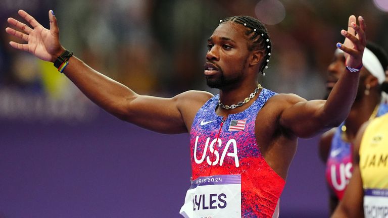 USA's Noah Lyles celebrates winning the Men's 100m Final at the Stade de France on the ninth day of the 2024 Paris Olympic Game