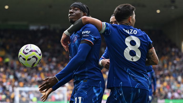 Noni Madueke celebrates after completing a second-half hat-trick for Chelsea and Wolves