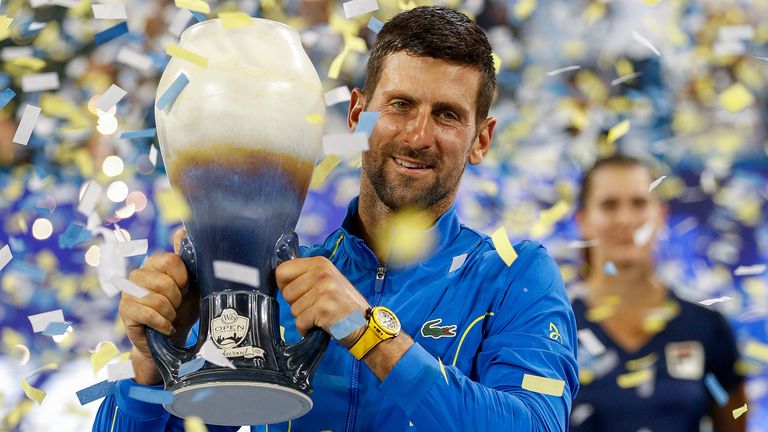 CINCINNATI, OH - AUGUST 20: Novak Djokovic of Serbia posses with the Rookwood Cup after winning the final round at the Western & Southern Open at Lindner Family Tennis Center on August 20, 2023 in Mason, Ohio. Djokovic defeated Carlos Alcaraz of Spain 5-7, 7-6, 7-6. (Photo by Ian Johnson/Icon Sportswire) (Icon Sportswire via AP Images)