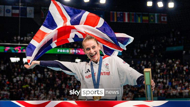 Team GB&#39;s Bryony Page celebrates after winning Olympic gold in the women&#39;s trampoline in Paris.