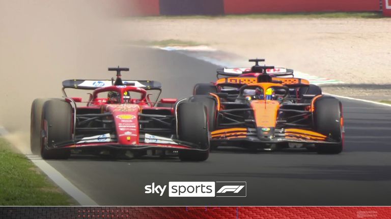 A close call for Leclerc and Piastri after the McLaren driver moved over on the straight and nearly hit Leclerc as Daniel Ricciardo is about to join the scene.