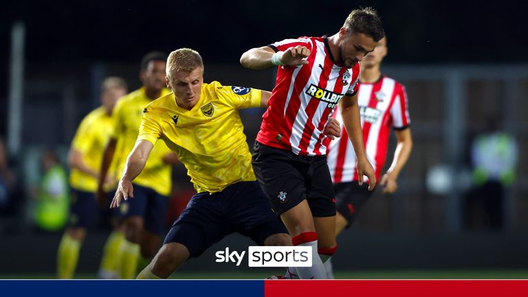 Oxford United Louie Sibley and Southampton Taylor Harwood-Bellis battle for the ball during the pre-season friendly match at the Kassam Stadium, Oxford. Picture date: Wednesday July 31, 2024.
