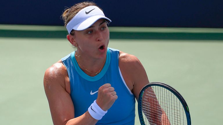 August 2, 2024: Paula Badosa (ESP) celebrates a point during the 2024 Mubadala Citi DC Open tennis tournament being played at Rock Creek Park Tennis Center in Washington, D.C. Justin Cooper/CSM (Credit Image: .. Justin Cooper/Cal Sport Media) (Cal Sport Media via AP Images)