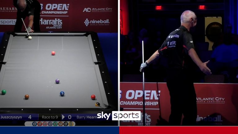 Barry Hearn's superb shot saw him hit the 2-ball on to the 9-ball for a winning combination as he picked up a rack in his opening game of this year's US Open Pool Championship.