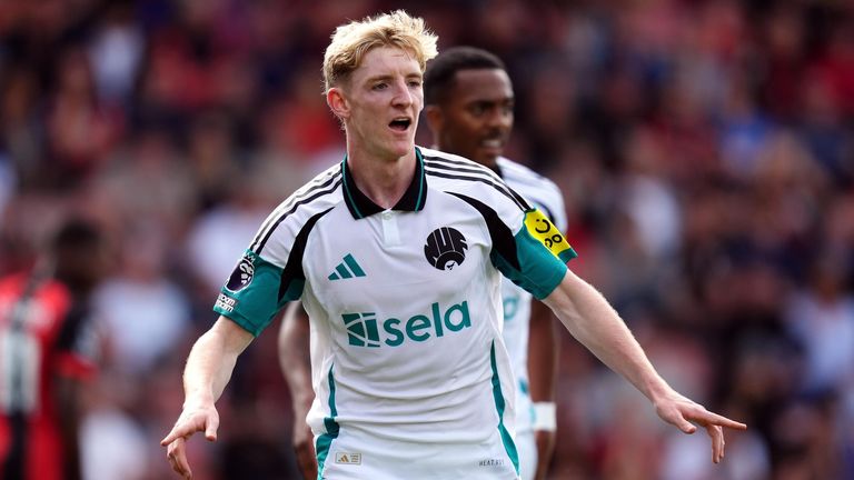 Anthony Gordon celebrates after equalising for Newcastle at Bournemouth