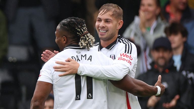 Emile Smith Rowe celebrates after scoring Fulham's opening goal against Leicester