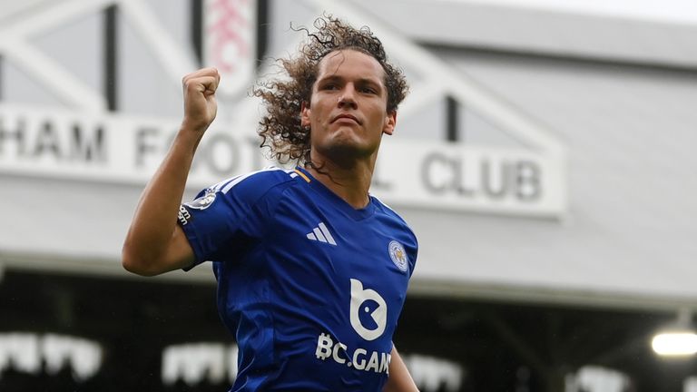 Wout Faes celebrates after equalising for Leicester at Fulham