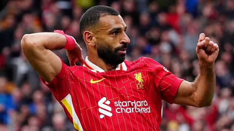 Mohamed Salah celebrates after scoring Liverpool's second goal against Brentford