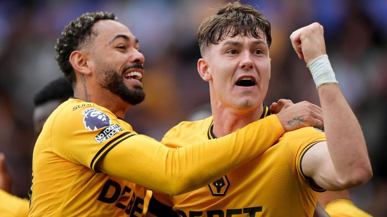 Jorgen Strand Larsen celebrates his equaliser with team-mate Matheus Cunha