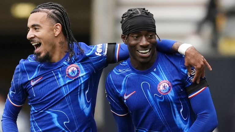 Noni Madueke celebrates after scoring for Chelsea at Wolves