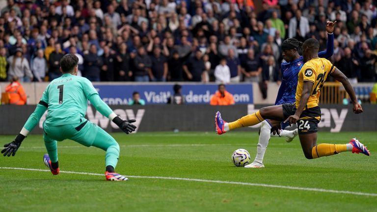 Noni Madueke scores his third goal to give Chelsea a 5-2 lead at Wolves