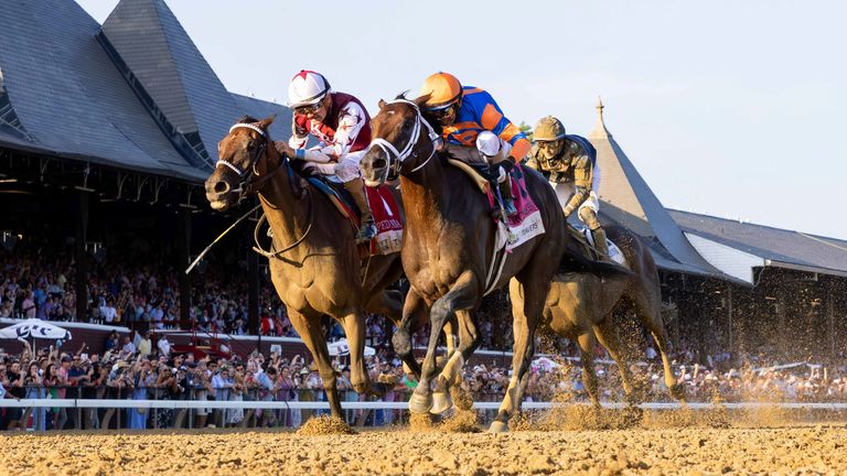 August 24, 2024, Saratoga Springs, Ny, USA: Fierceness (8) ridden by John Velazquez wins the Travers Stakes (Grade 1) at the Saratoga Race Course on Travers Stakes Day in Saratoga Springs, N.Y. on August 24, 2024.Gary Johnson/Eclipse Sportswire/CSM(Credit Image: .. Gary Johnson/Cal Sport Media) (Cal Sport Media via AP Images)