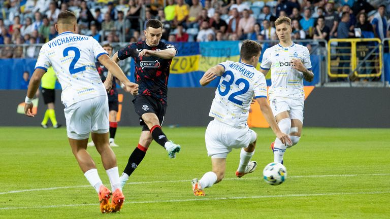 Rangers' Tom Lawrence (centre) has a shot at goal 