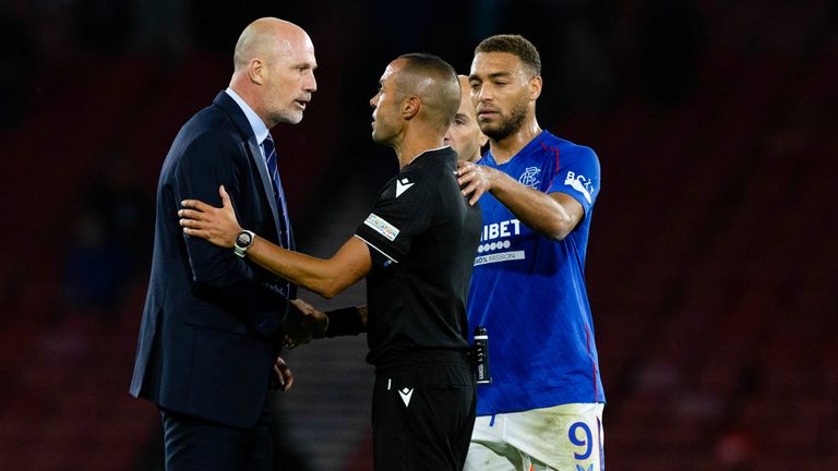 GLASGOW, SCOTLAND - AUGUST 13: Rangers manager Philippe Clement confronts referee Marco Guida at full time during a UEFA Champions League Qualifier 2nd Leg match between Rangers and Dynamo Kyiv at Hampden Park, on August 13, 2024, in Glasgow, Scotland. (Photo by Craig Williamson / SNS Group)