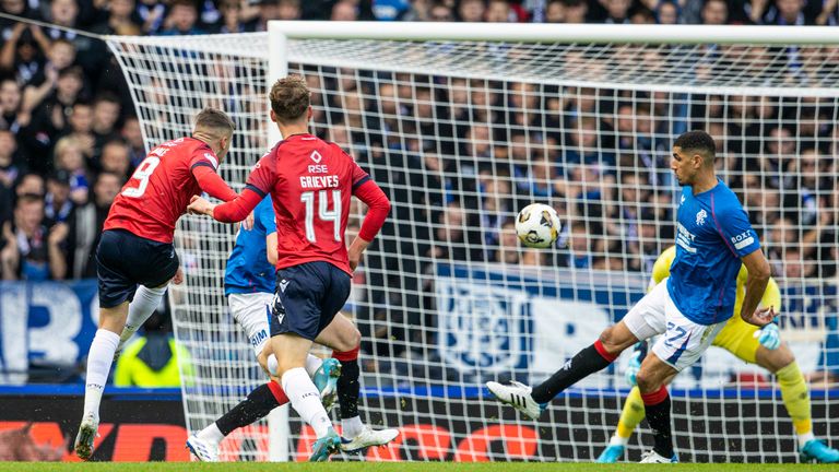 GLASGOW, SCOTLAND - AUGUST 24: Ross County's Ronan Hale has a shot on target during a William Hill Premiership match between Rangers and Ross County at Hampden Park, on August 24, 2024, in Glasgow, Scotland. (Photo by Alan Harvey / SNS Group)