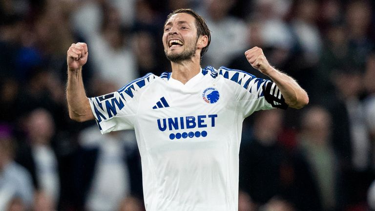 COPENHAGEN, DENMARK - AUGUST 22: FC Copenhagen's Rasmus Falk celebrates making it 2-0 during a UEFA Conference League play-off match between FC Copenhagen and Kilmarnock at Parken Stadion, on August 22, 2024, in Copenhagen, Denmark.  (Photo by Craig Foy / SNS Group)