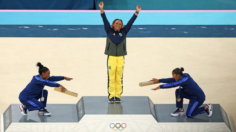 Gold medalist Rebeca Andrade, silver medalist Simone Biles and bronze medalist Jordan Chiles from the Women's Floor final