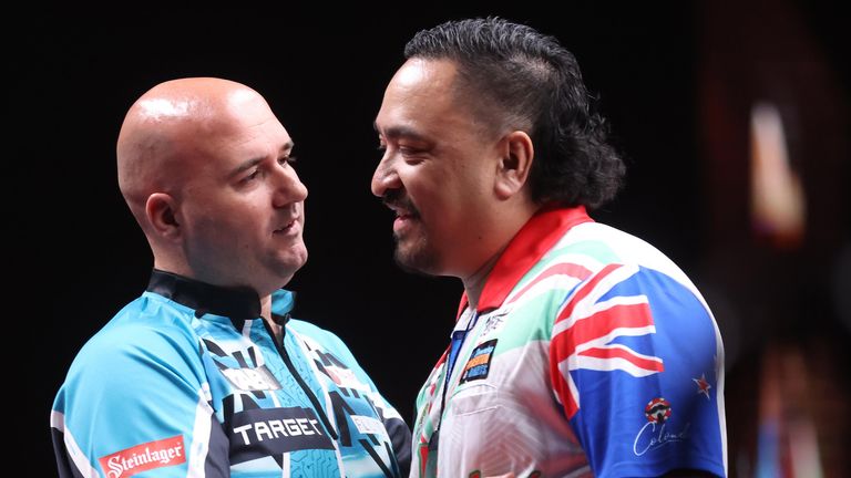 Rob Cross , left, and Haupai Puha, NZ.PDC World Series of Darts - New Zealand Darts Masters at Globox Arena,.Hamilton on Friday August 16 2024 Photo credit: Stephen Parker / www.photosport.nz