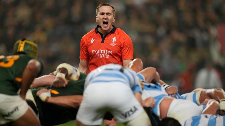 Referee Damon Murphy of Australia during the 2022 Rugby Championship test between South Africa and Argentina at Kings Park Stadium in Durban (AP Photo/Themba Hadebe)