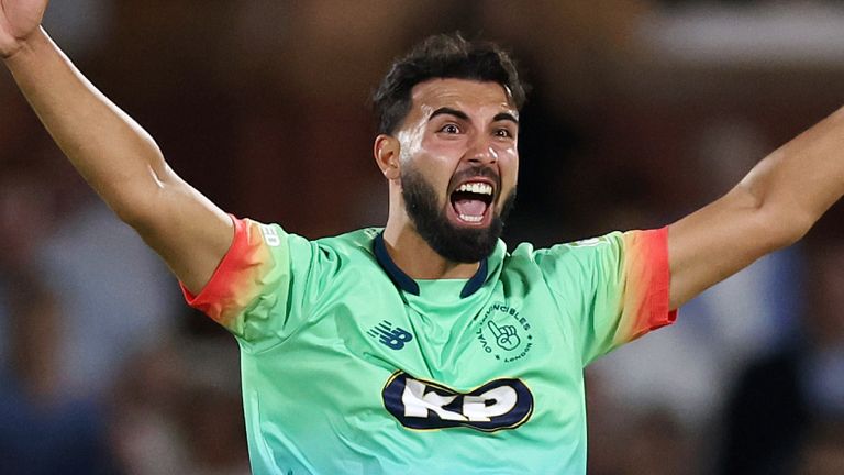 Saqib Mahmood picks up the key wicket of Kieron Pollard for a duck in The Hundred men's final at Lord's