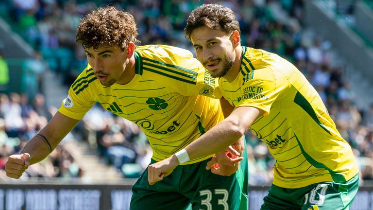 Celtic goalscorer Nicolas Kuhn celebrates with team-mate Matt O'Riley