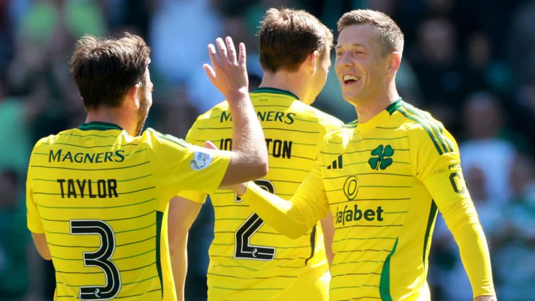 Callum McGregor celebrates with his team-mates after scoring Celtic's second goal against Hibernian