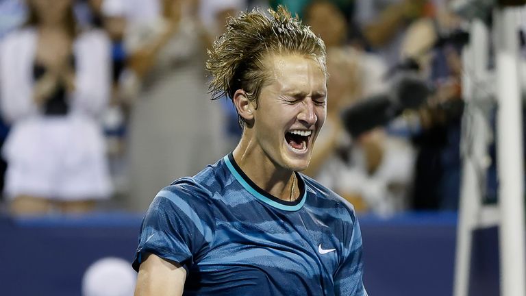 Sebastian Korda (USA) celebrates his victory after the final of the 2024 Mubadala Citi DC Open tennis tournament being played at Rock Creek Park Tennis Center in Washington, D.C. Justin Cooper/CSM (Credit Image: .. Justin Cooper/Cal Sport Media) (Cal Sport Media via AP Images)