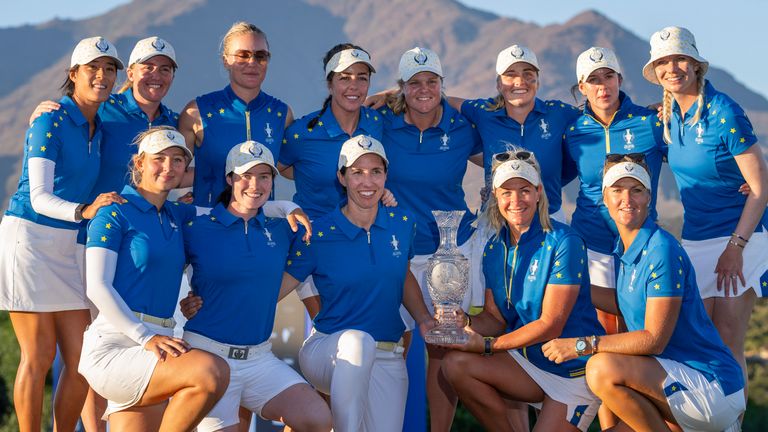 Europe's team poses with the trophy after winning the Solheim Cup golf tournament at Finca Cortesin near Casares in southern Spain on Sunday, Sept. 24, 2023. (AP Photo/Bernat Armangue)