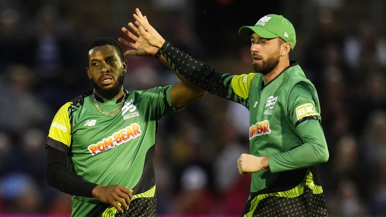 Southern Brave's Chris Jordan celebrates with teammate James Vince after taking a wicket during The Hundred Men's match at Sophia Gardens, Cardiff. Picture date: Monday August 5, 2024.