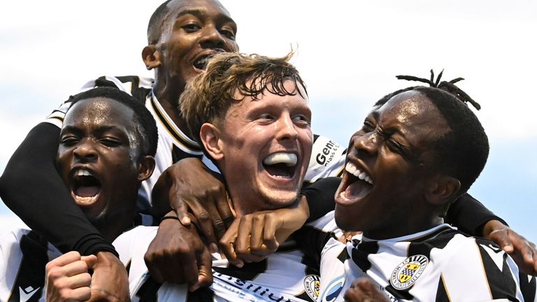 PAISLEY, SCOTLAND - AUGUST 01: St Mirren's Mark O'Hara (centre) celebrates with his teammates after scoring to make it 3-0 during a UEFA Conference League 2nd Qualifying Round Second Leg match between St Mirren and Valur at the SMiSA Stadium, on August 01, 2024, in Paisley, Scotland. (Photo by Rob Casey / SNS Group)