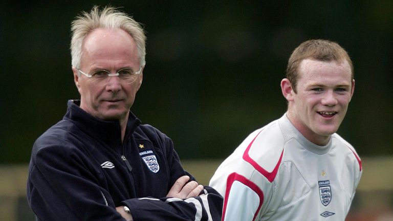 England's manager Sven-Goran Eriksson and Wayne Rooney during a training session at 2006 World Cup