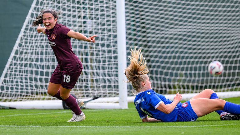 GOAL 1-0 Joely Andrews of Hearts celebrates after she opening the scoring during the ScottishPower Women's Premier League 1 match between Hearts Women and Spartans Women at the Oriam Sports Performance Centre, Edinburgh, Scotland on 18 August 2024.Picture Malcolm Mackenzie