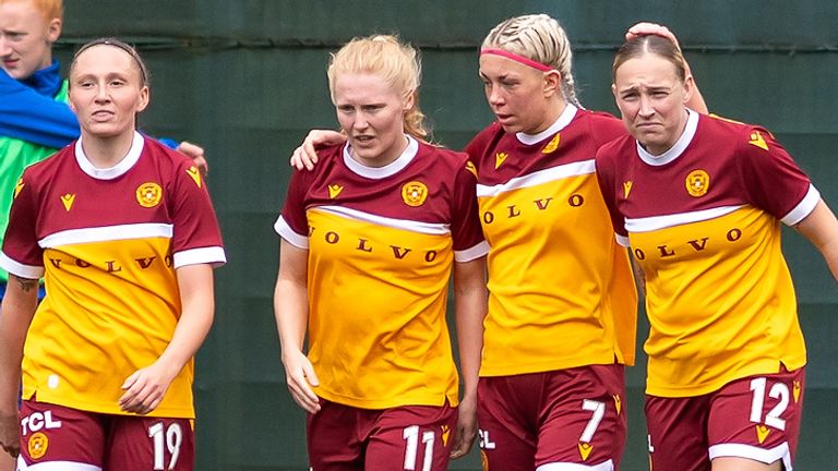 GOAL! Morgan Cross of Motherwell celebrates with team mates following her opening goal during the ScottishPower Womens Premier League 2024/25 Season. Motherwell FC vs Montrose FC, K Park Academy, East Kilbride, 18/08/2024. Image Credit: Colin Poultney/SWPL