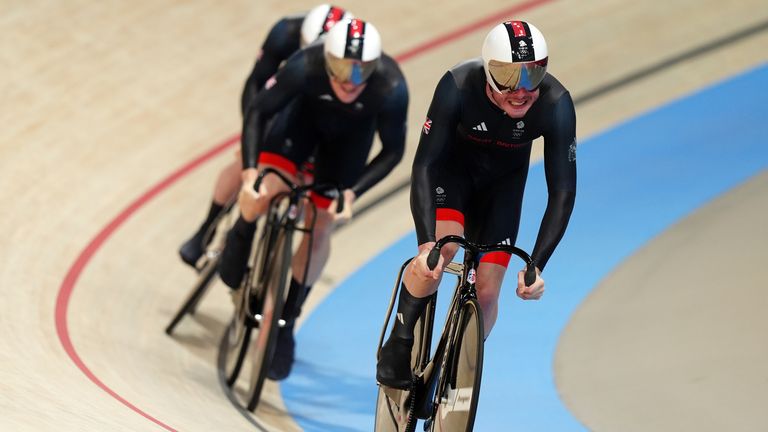 Great Britain's Ed Lowe, Hamish Turnbull and Jack Carlin during the Men's Team Sprint qualifying during the Men's Team Sprint qualifying at the National Velodrome, Saint-Quentin-en-Yvelines, on the tenth day of the 2024 Paris Olympic Games in France. Picture date: Monday August 5, 2024.