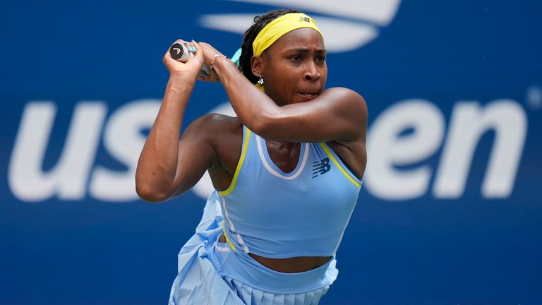 Coco Gauff, of the United States, returns a shot to Varvara Gracheva, of France, during the first round of the U.S. Open tennis championships, Monday, Aug. 26, 2024, in New York. (AP Photo/Seth Wenig)