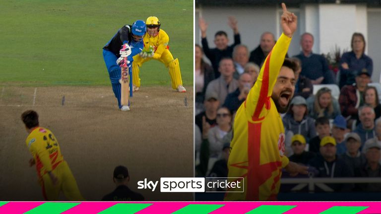 Trent Rockets bowler Rashid Khan takes three wickets inside six deliveries as he puts a dent in London Spirit's hope of chasing down the target set by the home side.   