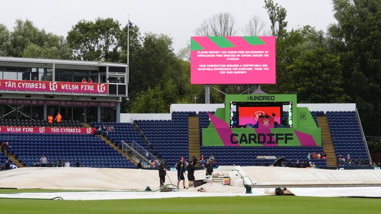 Welsh Fire v Northern Superchargers - The Hundred - Women's Match - Sophia Gardens
A view of the rain covers on the pitch ahead of the Hundred women's match at Sophia Gardens, Cardiff. Picture date: Thursday August 8, 2024.